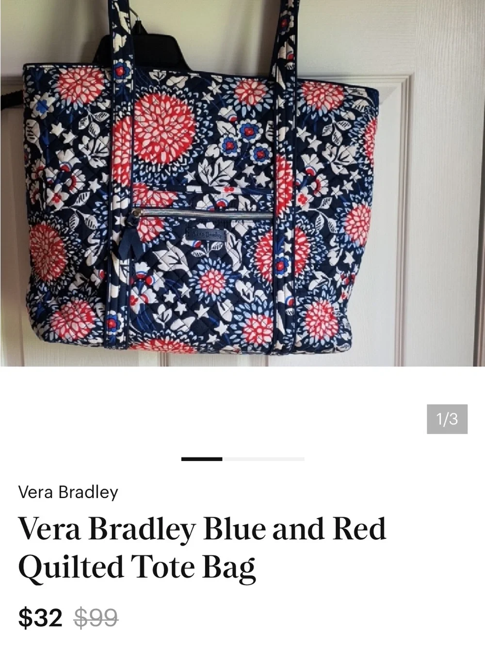 Vera Bradley large Navy, Red and White Quilted Floral Tote, retired
